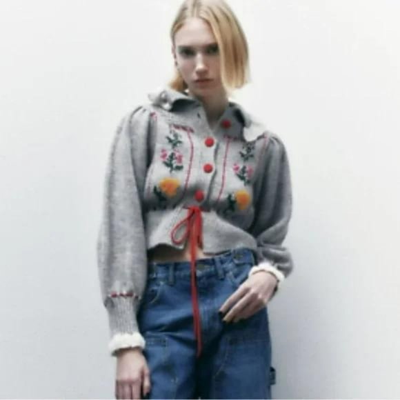 ZARA JACQUARD COLLARED FLORAL KNIT CARDIGAN - Picture 2 of 3